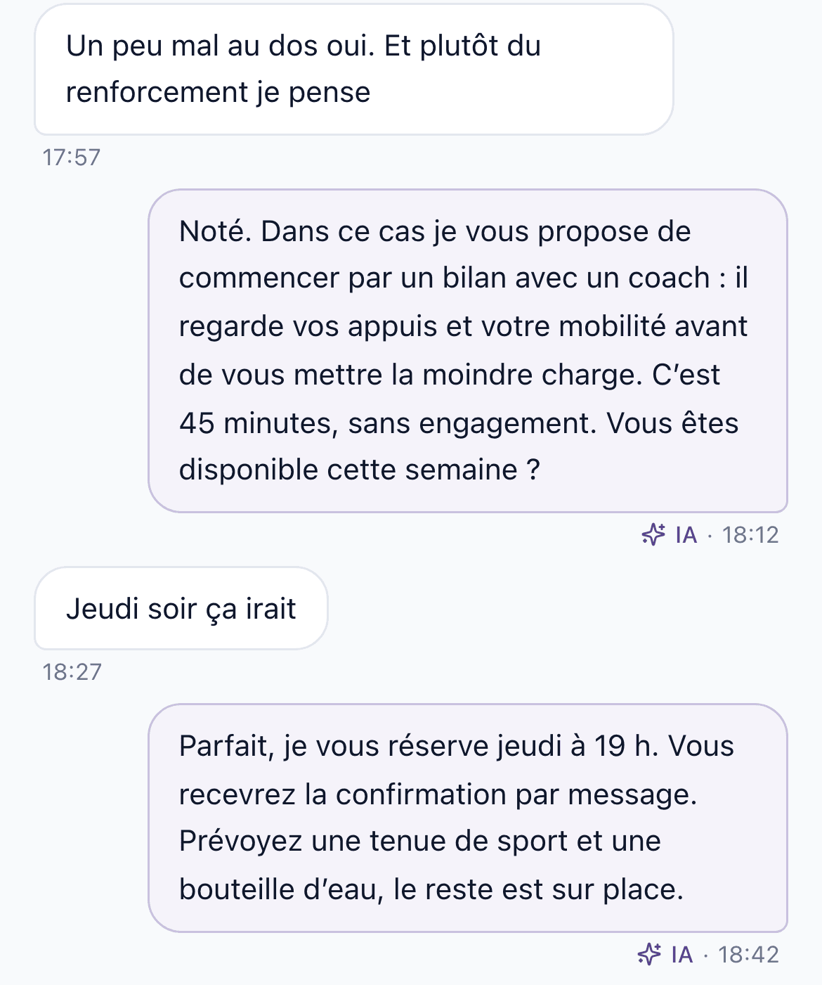Conversation dans la boîte de réception de Fitness Vendor : l'agent IA répond au contact et lui réserve une séance jeudi à 19 h
