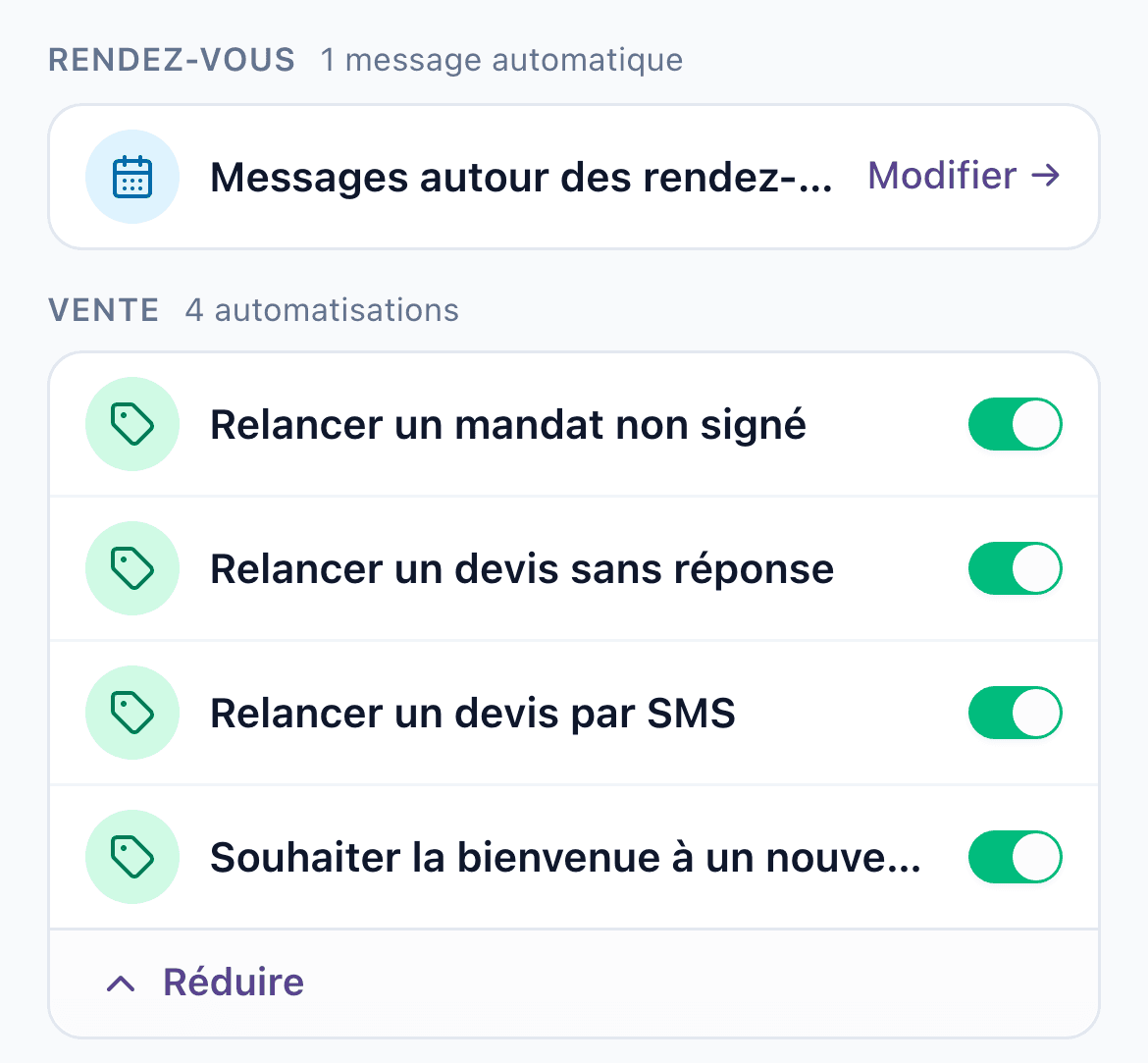 Automatisations de Fitness Vendor : relancer un mandat non signé, relancer un devis sans réponse, messages autour des rendez-vous