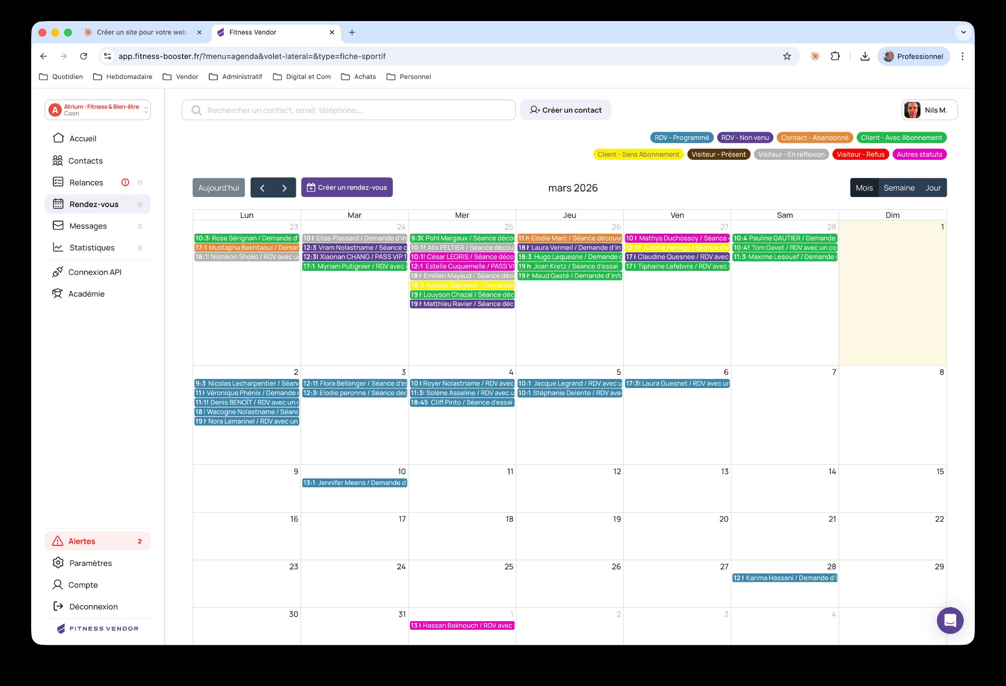 Agenda commercial Fitness Vendor — vue mensuelle des rendez-vous de l'équipe