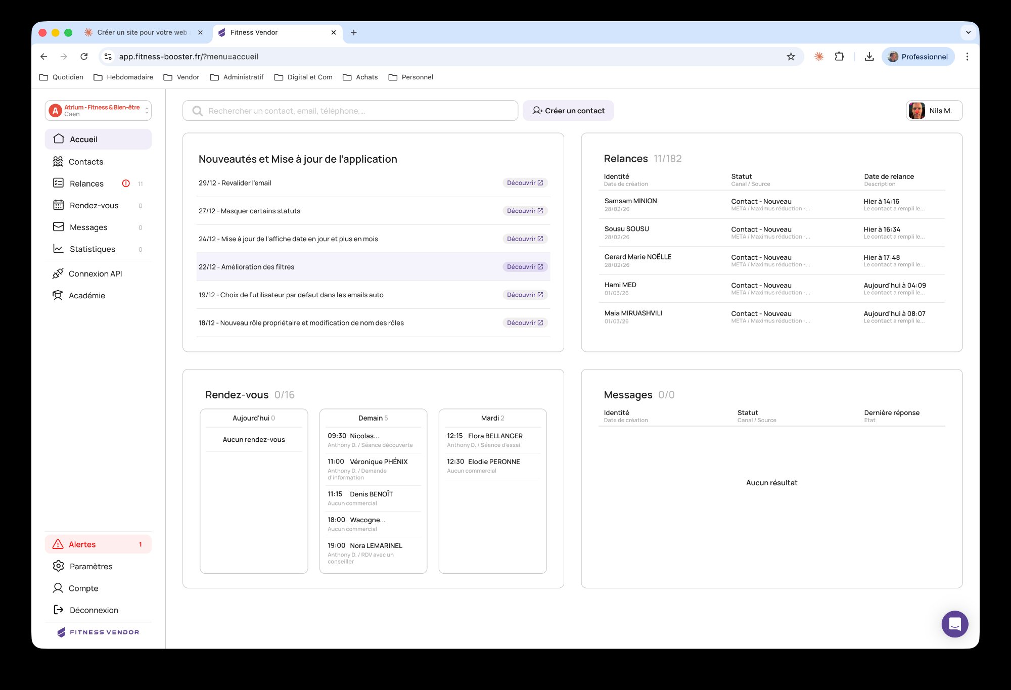 Tableau de bord Fitness Vendor — vue globale des leads, relances et statistiques