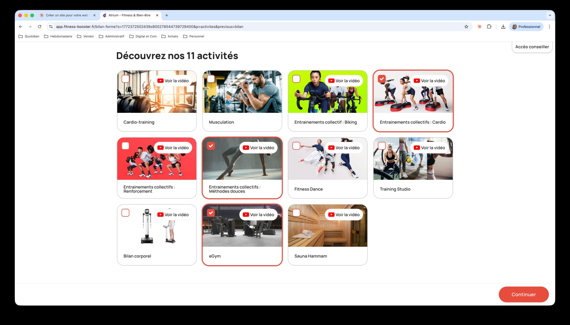 Présentation des activités du club avec vidéos YouTube dans Fitness Vendor